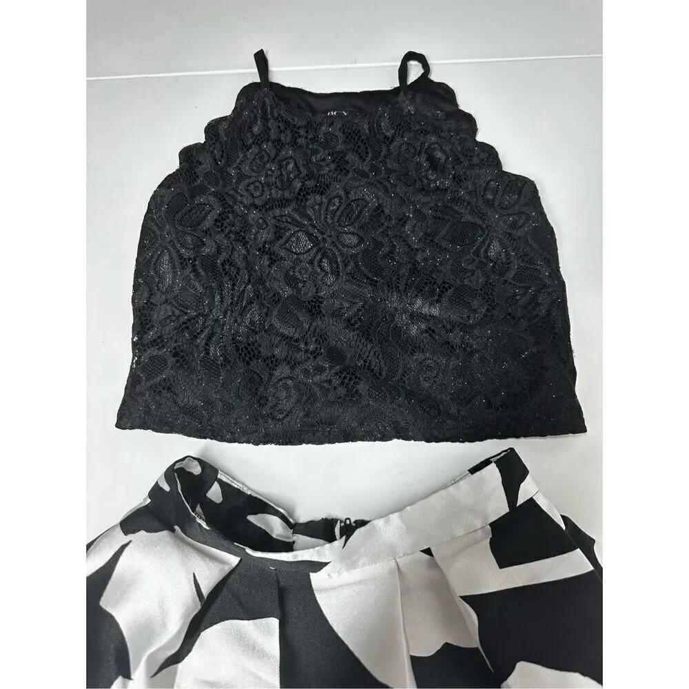 BCX Masy’s Girls 2-Pc Scalloped Top & Floral-Print Skirt Set Sz 14 Black White